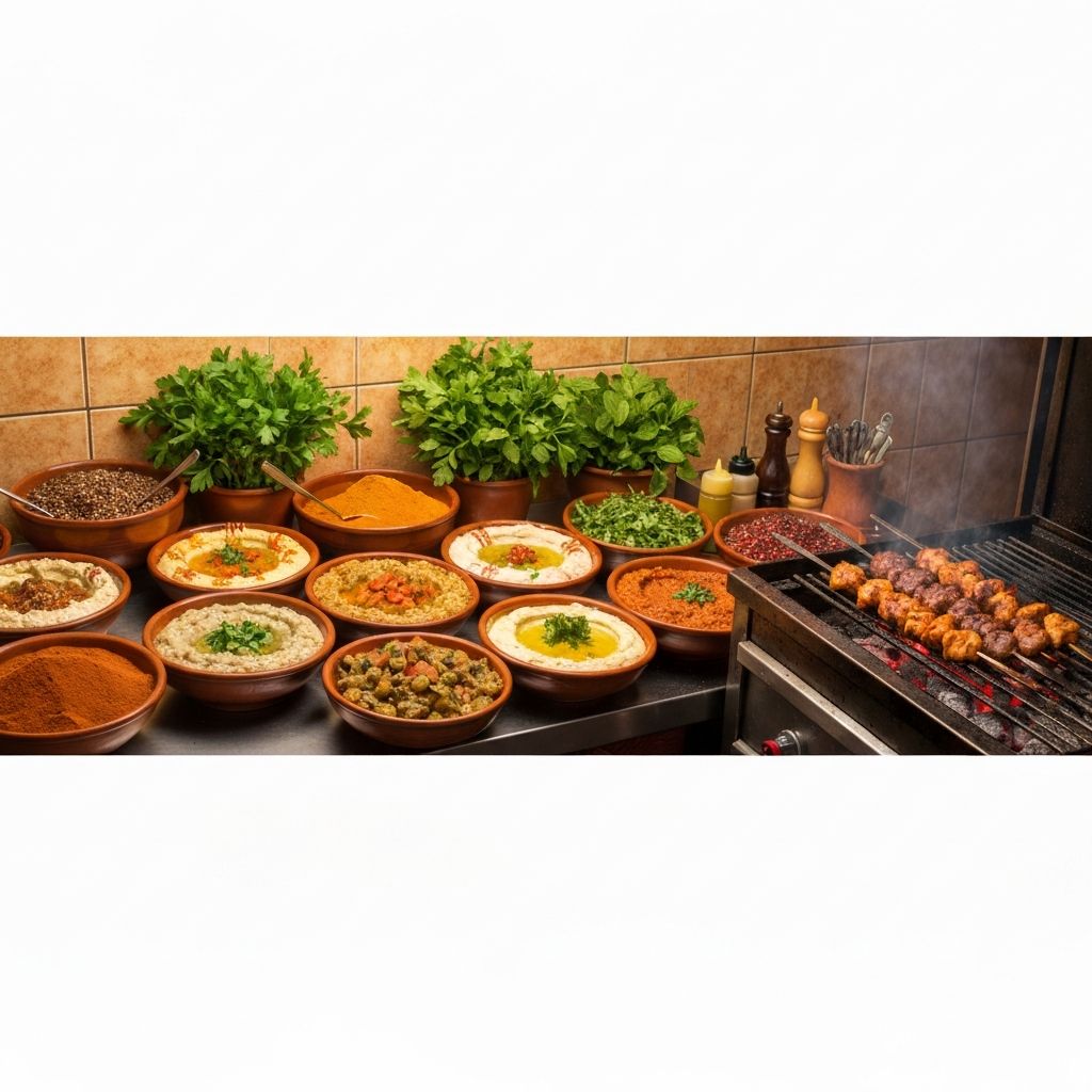 Colourful Middle Eastern spices, dips, herbs and marinated meats in a traditional kitchen setting